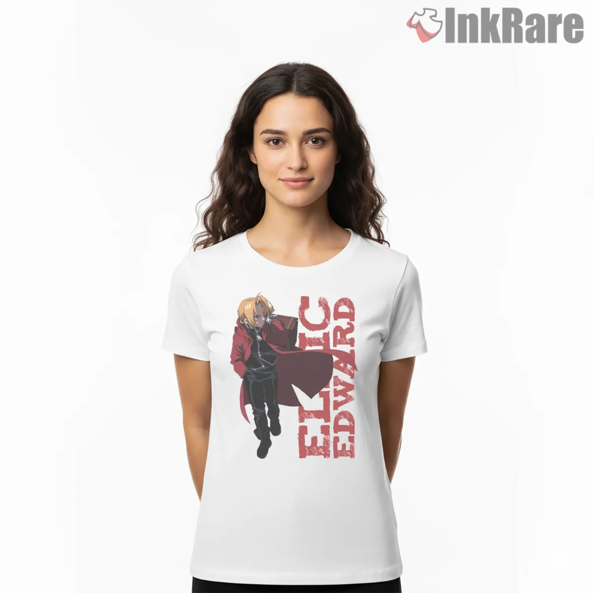 Edward Elric Walking Pose Bold Red Typography Anime Shirt on white short sleeve shirt for women graphic tee