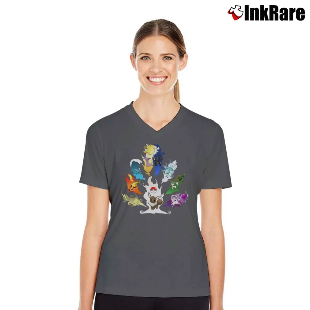 Women’s Eevee Evolution Pokemon Birthday Gift For All V-Neck Tee in charcoal | Chic Neckline, Soft Texture