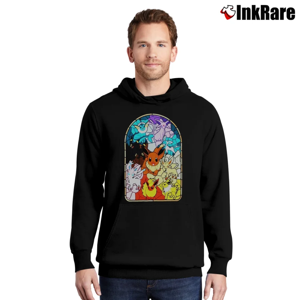 Men’s Eevee Evolutions Stained Glass Pokemon Pullover Hoodie in black | Cozy, Durable, Modern Fit