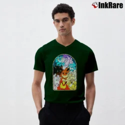 Men’s Eevee Evolutions Stained Glass Pokemon V-Neck Tee in forest green | Sharp, Breathable, Everyday Staple
