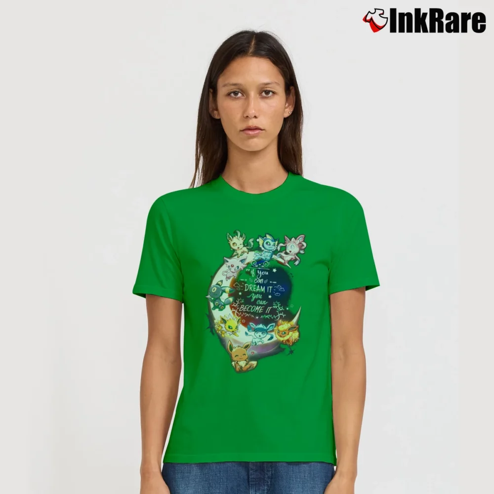 Women’s Eevee If You Can Dream It You Can Become It Pokemon Evolution Signature T-Shirt in irish green | Soft, Flattering Fit