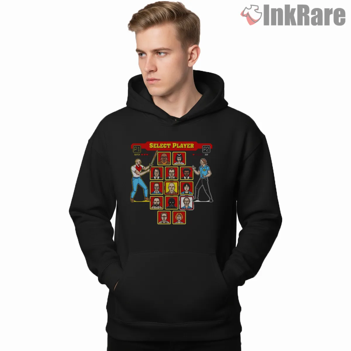Eight Bit Pulp Character Select Shirt on black hoodie for men graphic tee