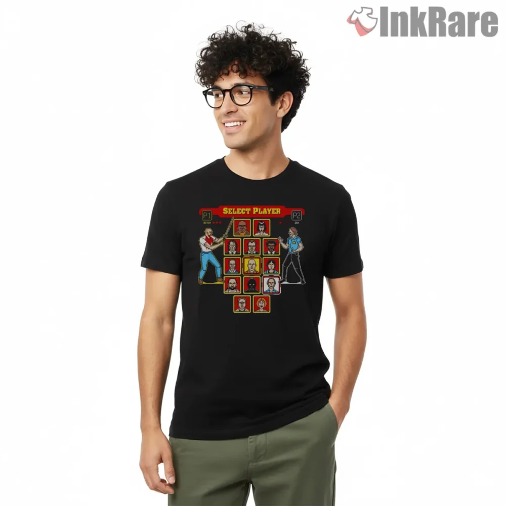 Eight Bit Pulp Character Select Shirt on black short sleeve shirt for men graphic tee