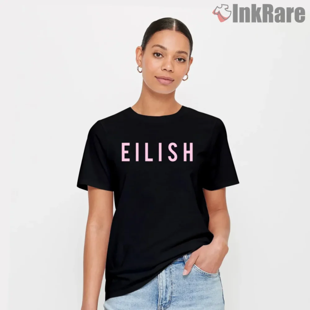 Eilish Minimal Wordmark Logo Shirt on black short sleeve tee with pastel pink lettering