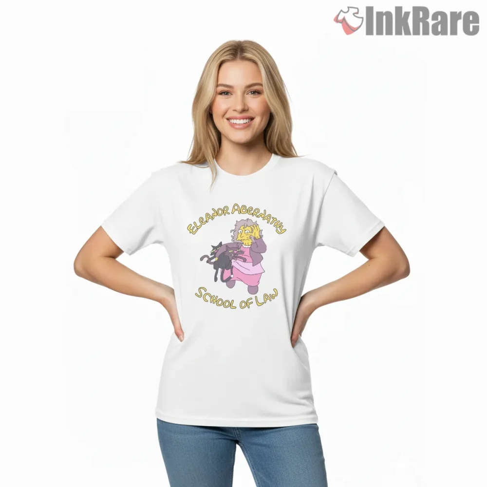 Eleanor Abernathy School Of Law Funny Cartoon Parody Shirt on white short sleeve shirt for women graphic tee