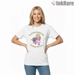 Eleanor Abernathy School Of Law Funny Cartoon Parody Shirt on white short sleeve shirt for women graphic tee