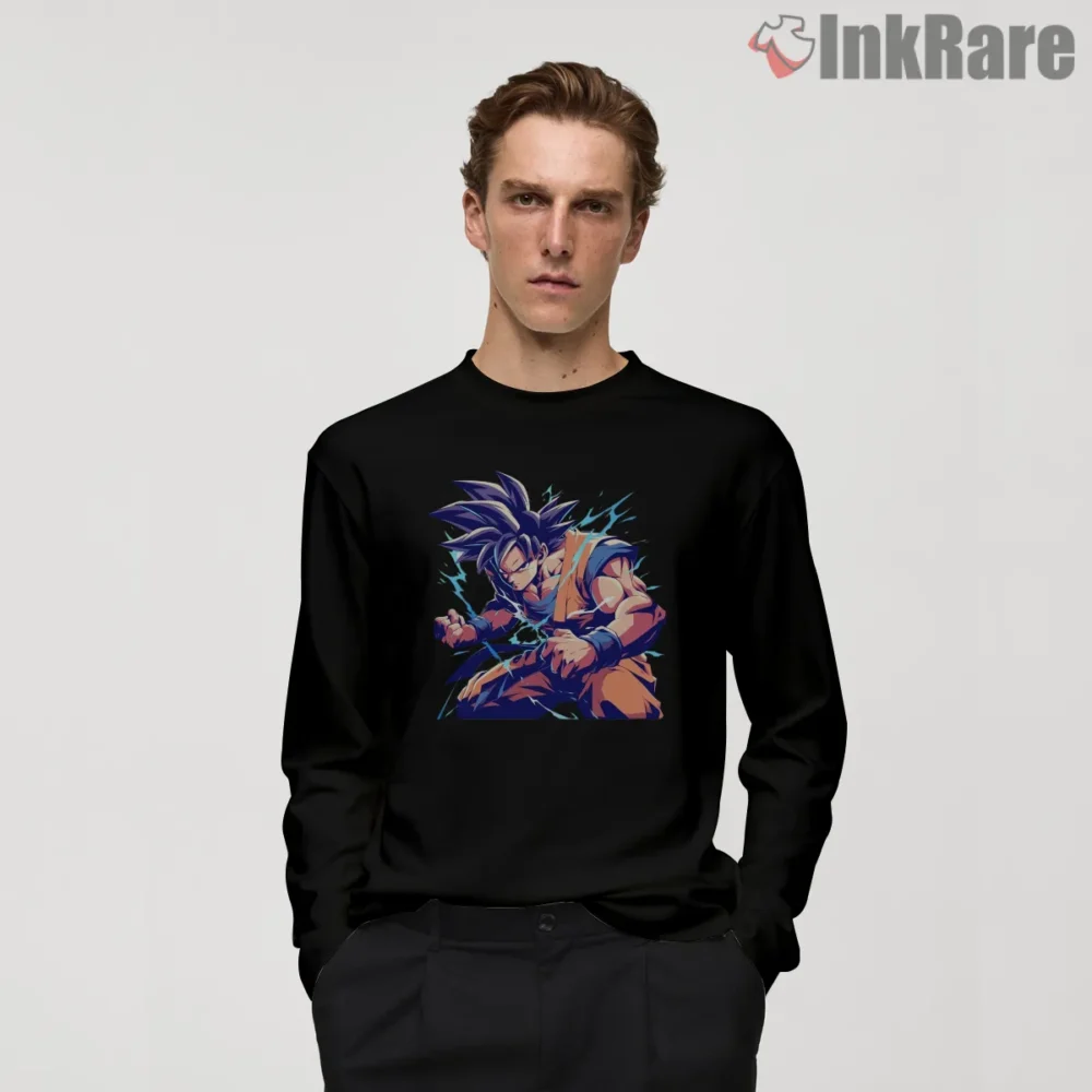 Electric Aura Goku Power Surge Shirt on black long sleeve shirt for men graphic tee