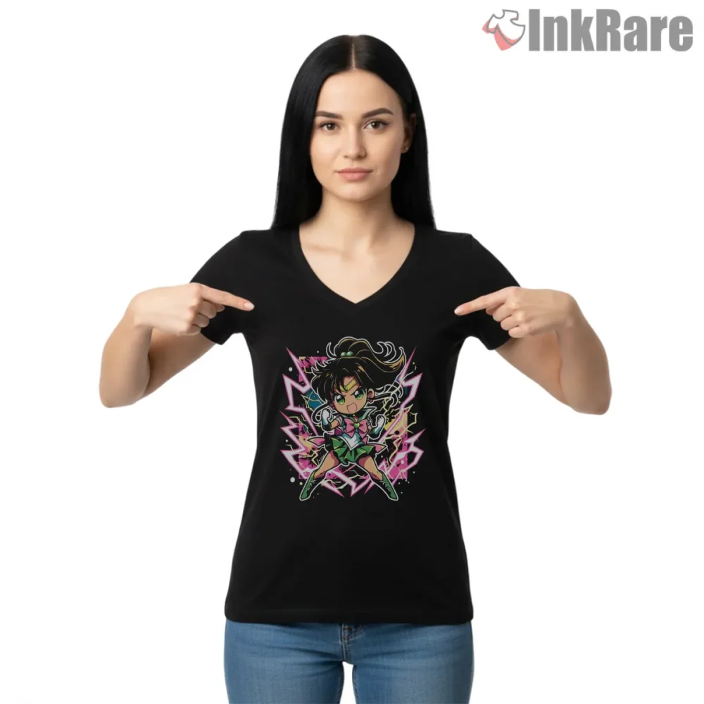 Electric Chibi Jupiter Pop Energy Shirt on black v-neck shirt for women graphic tee