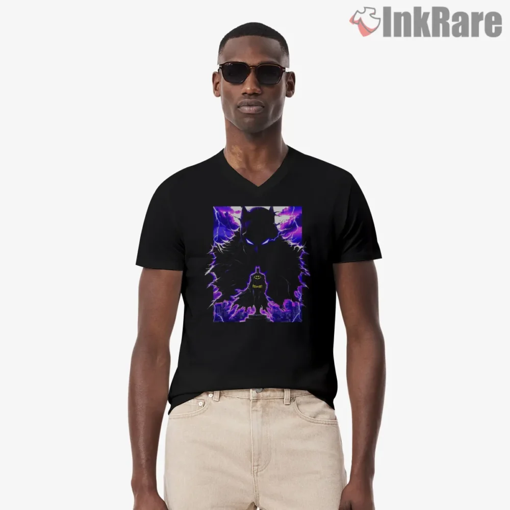 Electric Power Surge Dark Knight Cityscape Shirt on black v-neck shirt for men graphic tee
