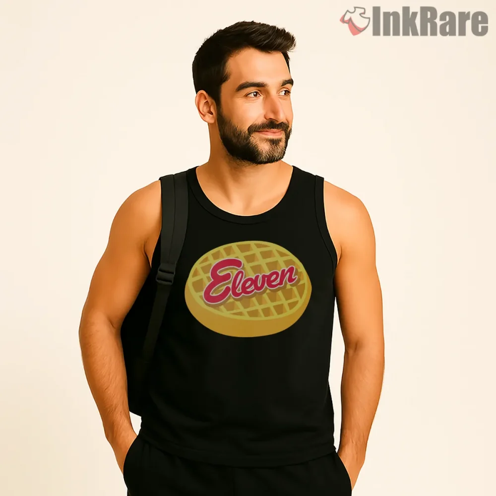 Eleven Eggo Waffles Retro Breakfast Icon Shirt on black tank top for men graphic tee