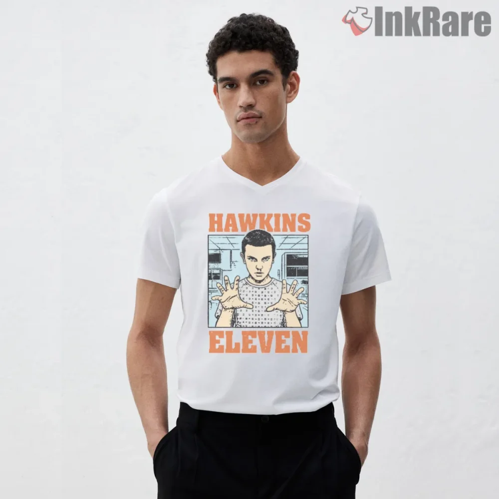 Eleven Hawkins Lab Psychic Power Portrait Shirt on white v-neck shirt for men graphic tee