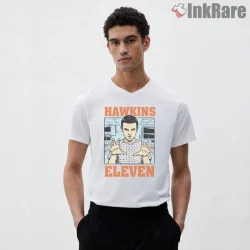Eleven Hawkins Lab Psychic Power Portrait Shirt on white v-neck shirt for men graphic tee