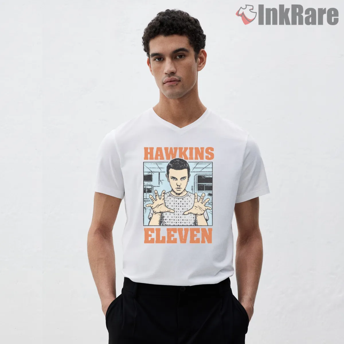 Eleven Hawkins Lab Psychic Power Portrait V Neck White Eleven Hawkins Lab Psychic Power Portrait Shirt on white v-neck shirt for men graphic tee