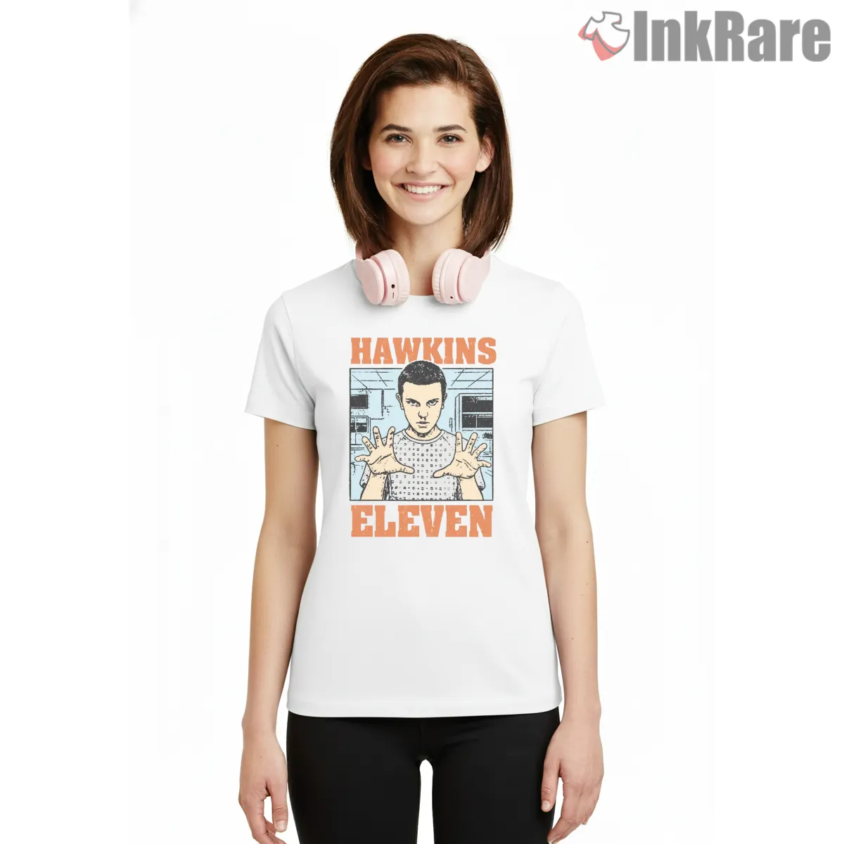 Eleven Hawkins Lab Psychic Power Portrait Shirt on white short sleeve shirt for women graphic tee