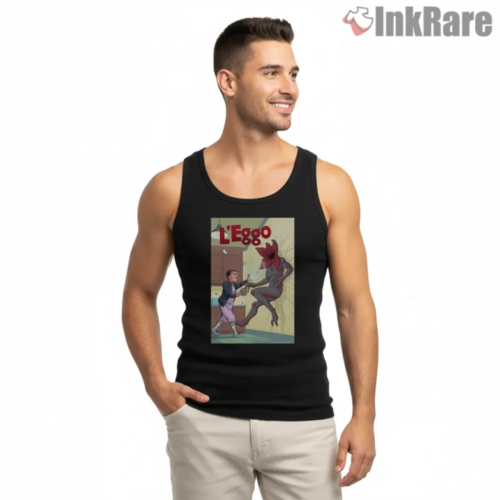 Eleven Leggo My Eggo Comedy Scene Shirt on black tank top for men graphic tee