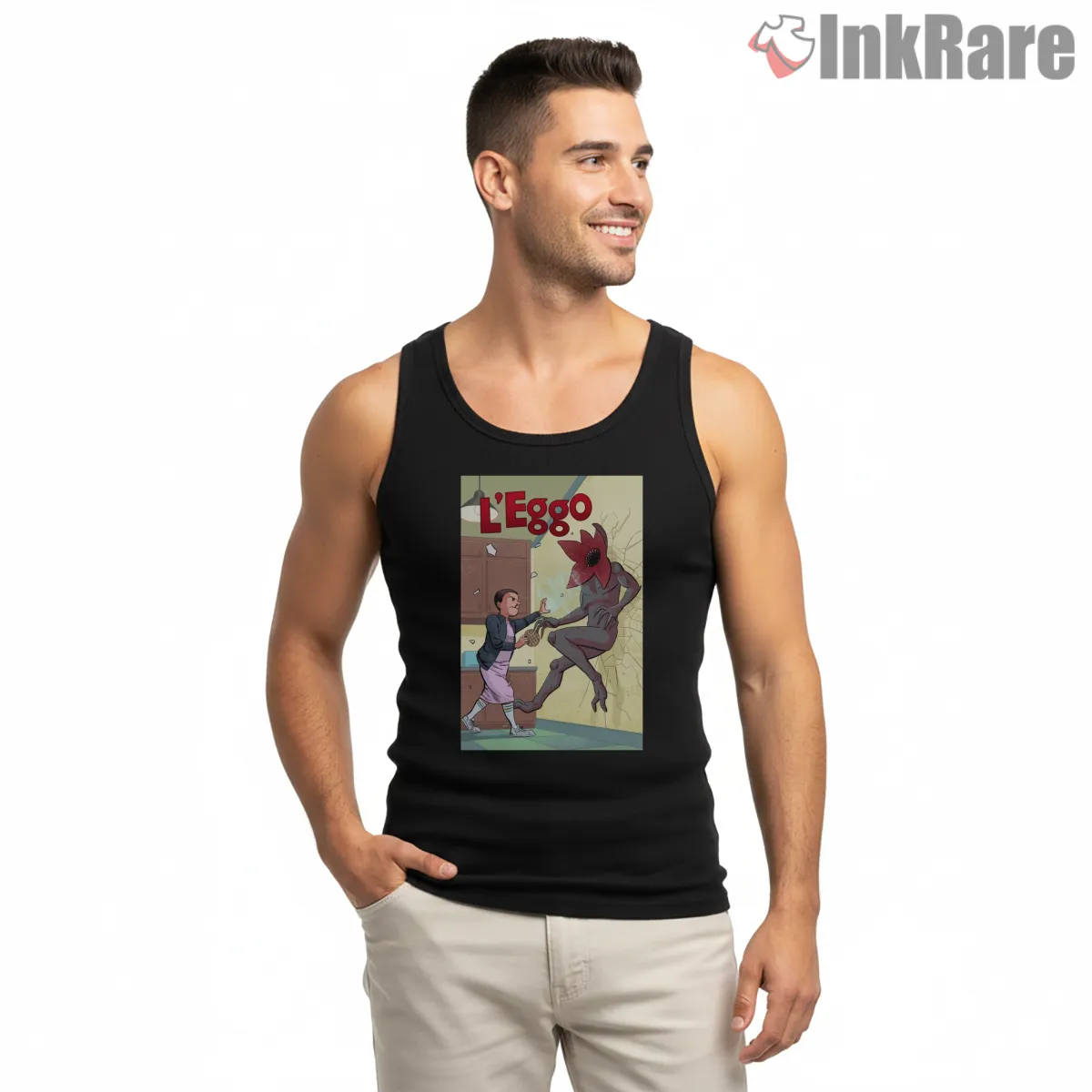 Eleven Leggo My Eggo Comedy Scene Tank Top Black Eleven Leggo My Eggo Comedy Scene Shirt on black tank top for men graphic tee