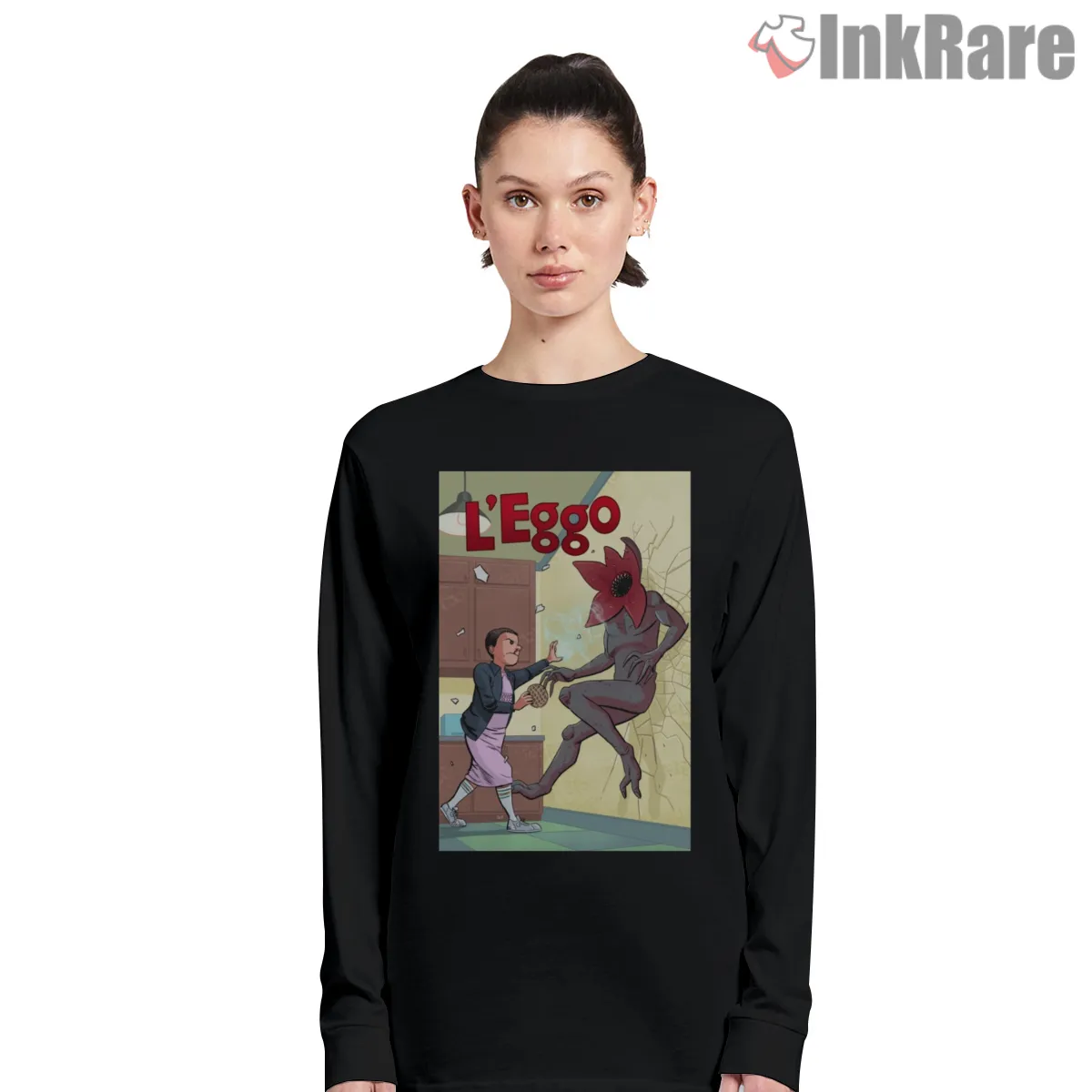 Eleven Leggo My Eggo Comedy Scene Long Sleeve Black Eleven Leggo My Eggo Comedy Scene Shirt on black long sleeve shirt for women graphic tee