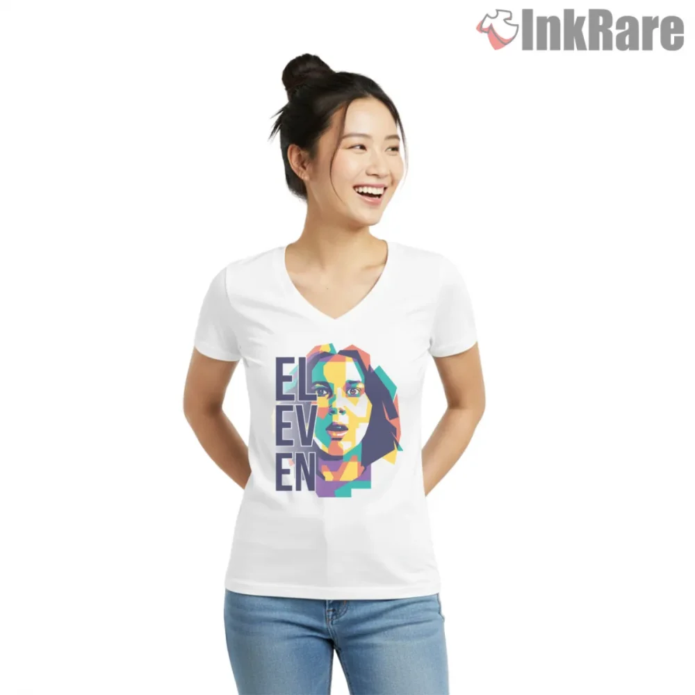 Eleven Neon Pop Art Portrait Shirt on white v-neck shirt for women graphic tee