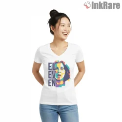Eleven Neon Pop Art Portrait Shirt on white v-neck shirt for women graphic tee