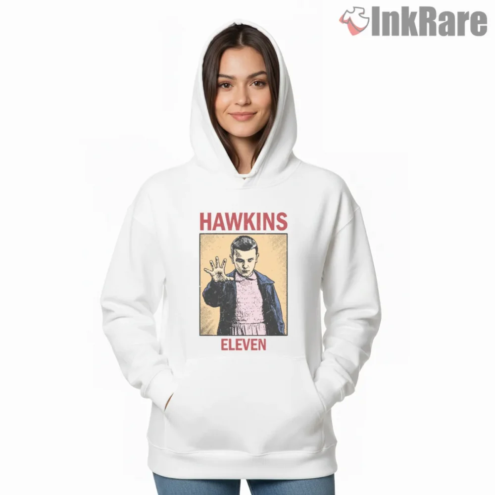 Eleven Pink Dress Hawkins Retro Portrait Shirt on white hoodie for women graphic tee