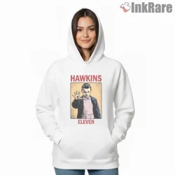 Eleven Pink Dress Hawkins Retro Portrait Shirt on white hoodie for women graphic tee