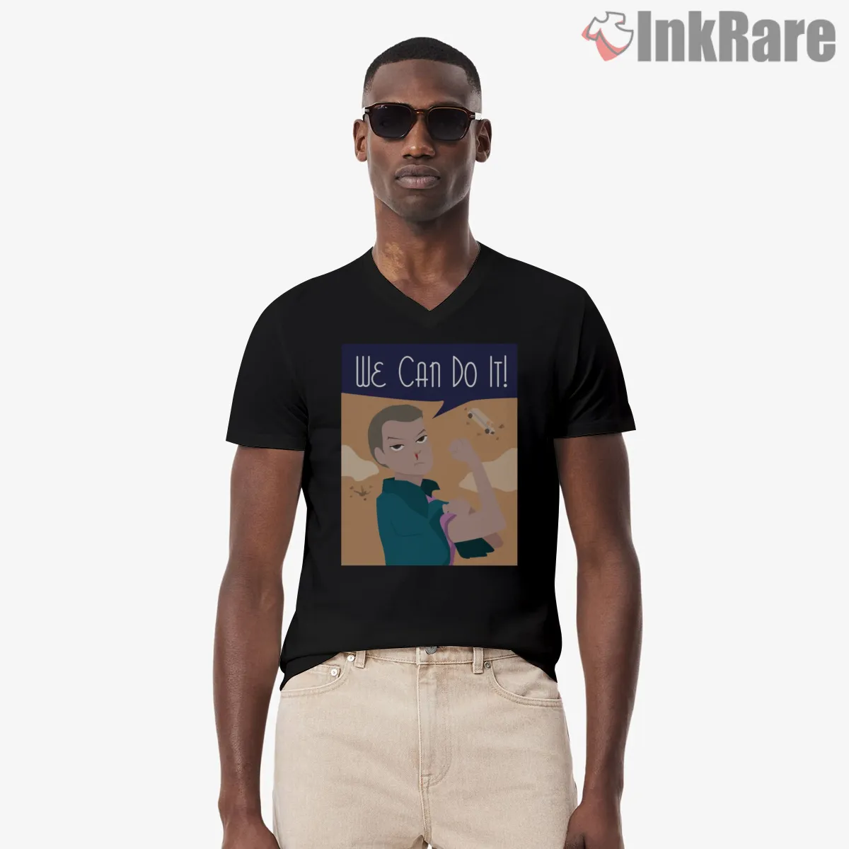 Eleven We Can Do It Empowerment Poster Shirt on black v-neck shirt for men graphic tee
