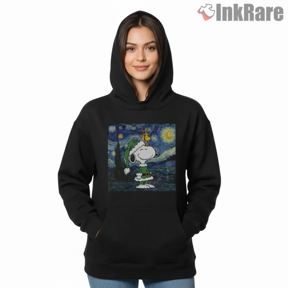 Elf Snoopy And Woodstock Starry Night Holiday Shirt on black hoodie for women graphic tee