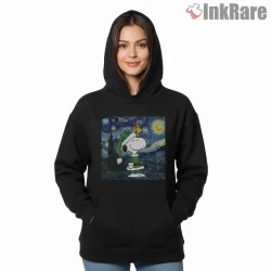 Elf Snoopy And Woodstock Starry Night Holiday Shirt on black hoodie for women graphic tee