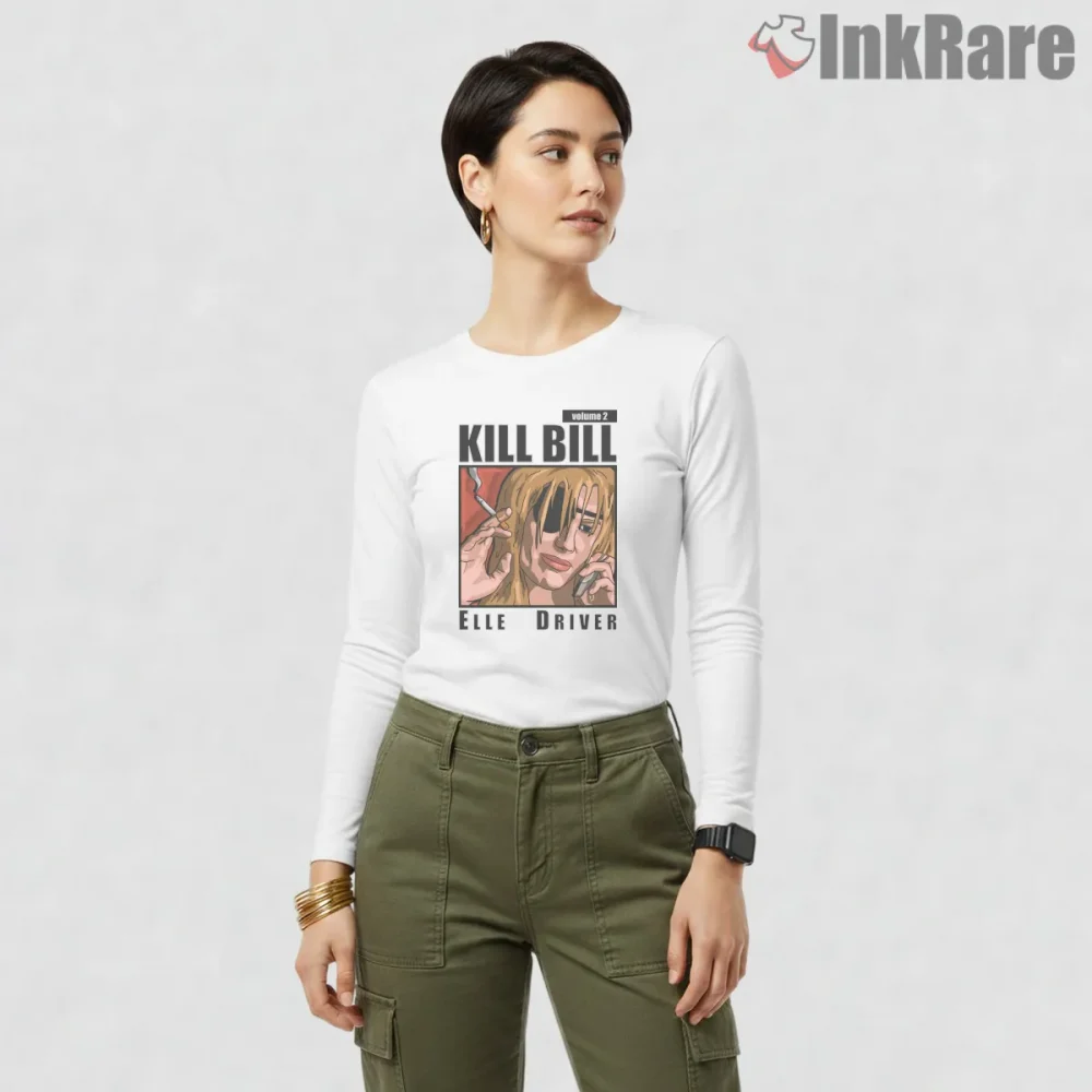 Elle Driver Comic Panel Portrait Kill Bill Shirt on white long sleeve shirt for women graphic tee