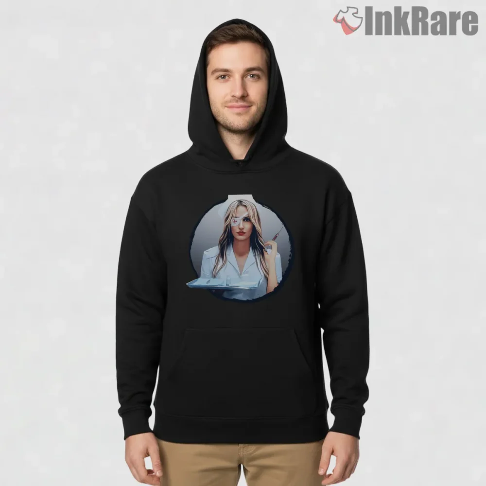 Elle Driver Nurse Portrait Stylized Kill Bill Shirt on black hoodie for men graphic tee