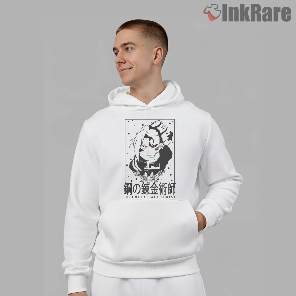 Elric Brothers Split Face Minimal Black White Anime Hoodie White Elric Brothers Split Face Minimal Black White Anime Shirt on white hoodie for men graphic tee