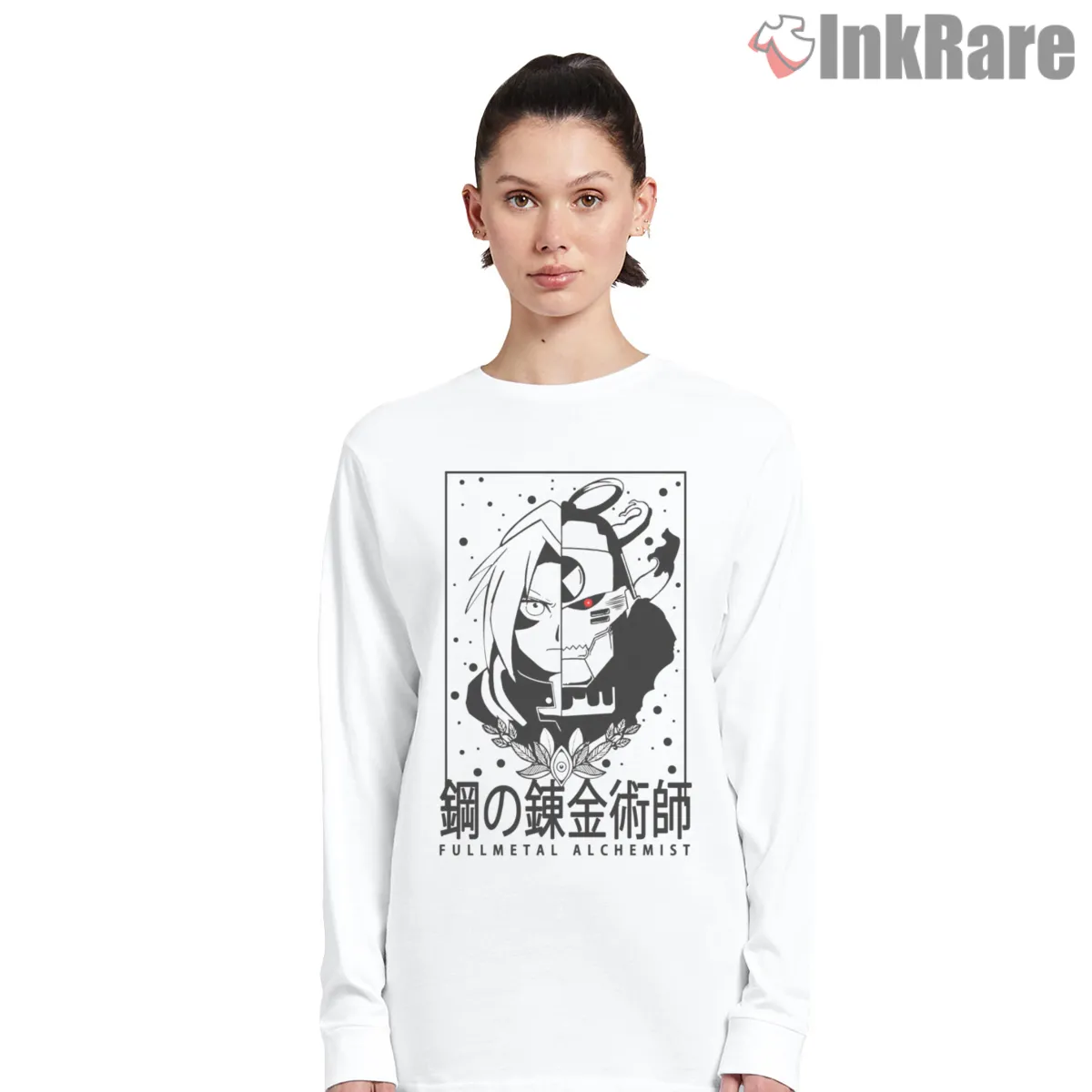 Elric Brothers Split Face Minimal Black White Anime Long Sleeve White Elric Brothers Split Face Minimal Black White Anime Shirt on white long sleeve shirt for women graphic tee