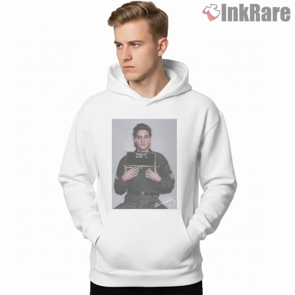 Elvis Presley 1960 Army Portrait Shirt on white hoodie for men graphic tee