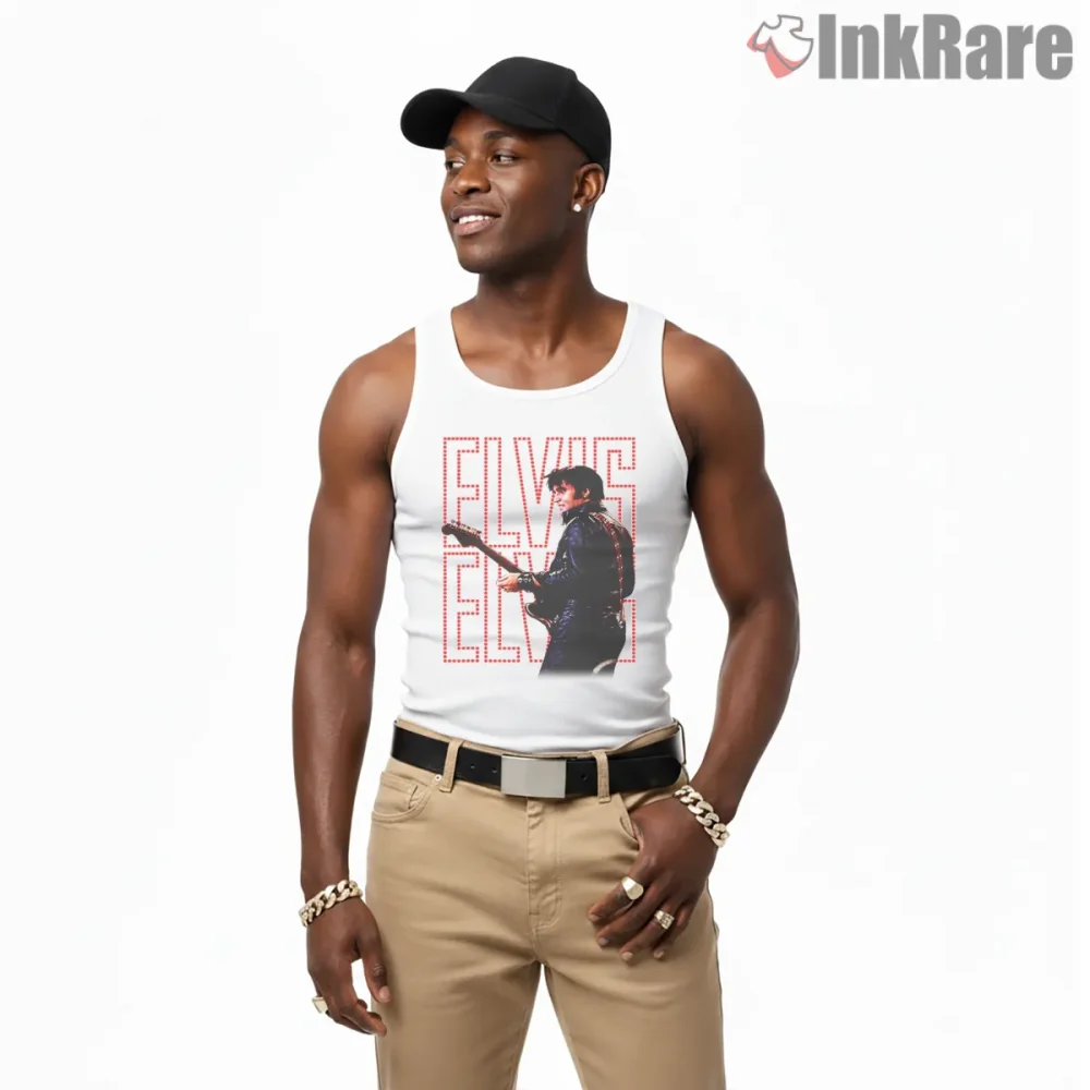 Elvis Presley 68 Comeback Special Stage Shirt on white tank top for men graphic tee