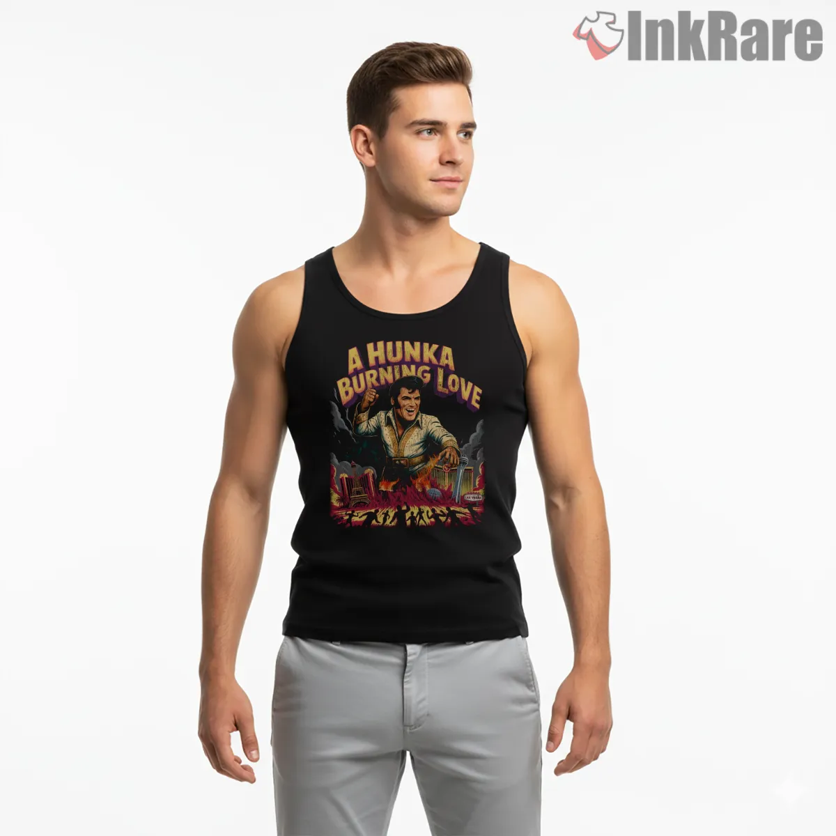 Elvis Presley A Hunka Burning Love Shirt on black tank top for men graphic tee