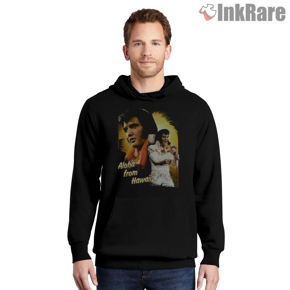 Elvis Presley Aloha From Hawaii Concert Tribute Shirt on black hoodie for men graphic tee