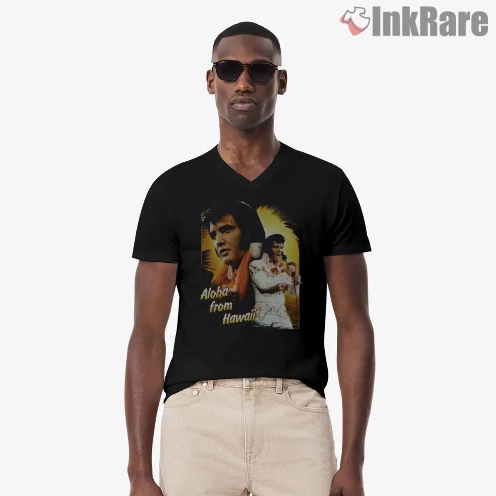 Elvis Presley Aloha From Hawaii Concert Tribute Shirt on black v-neck shirt for men graphic tee