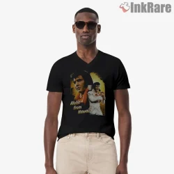Elvis Presley Aloha From Hawaii Concert Tribute Shirt on black v-neck shirt for men graphic tee
