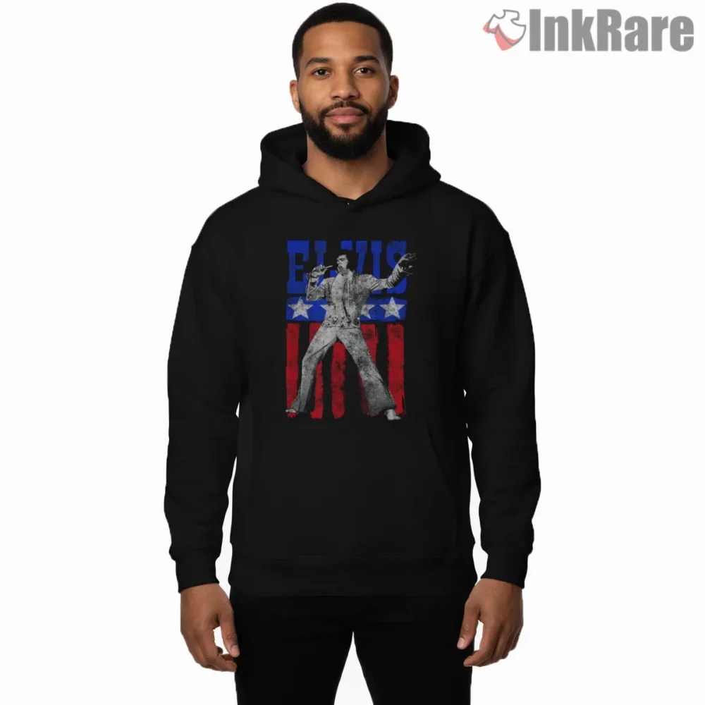Elvis Presley American Flag Performance Shirt on black hoodie for men graphic tee