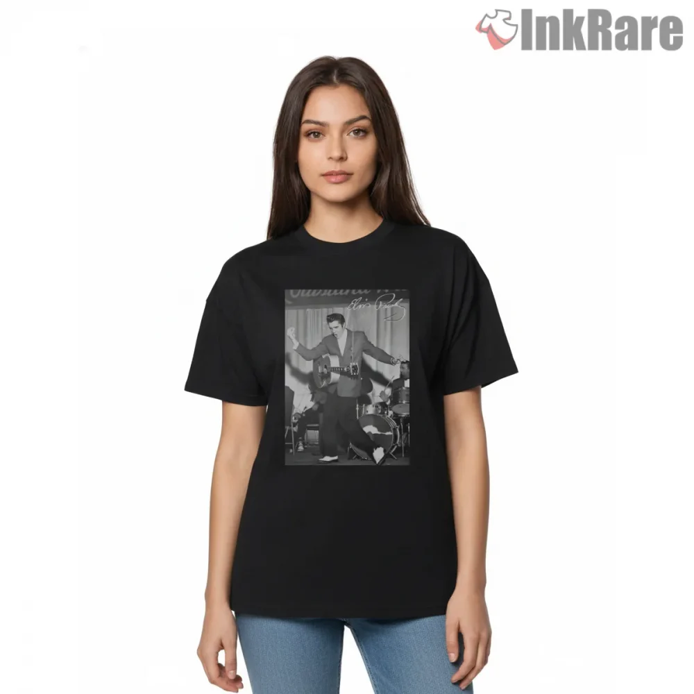 Elvis Presley Black And White Stage Snapshot Shirt on black short sleeve shirt for women graphic tee