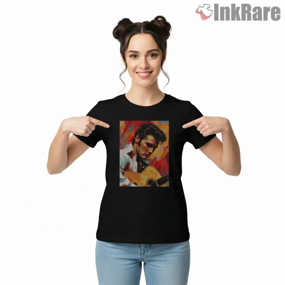 Elvis Presley Blue Suede Legend Guitar Art Shirt on black short sleeve shirt for women graphic tee