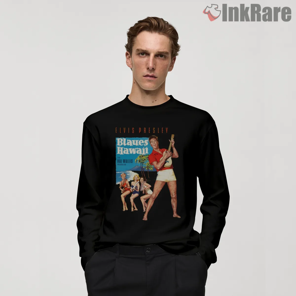Elvis Presley Blues Hawaii Movie Poster Shirt on black long sleeve shirt for men graphic tee