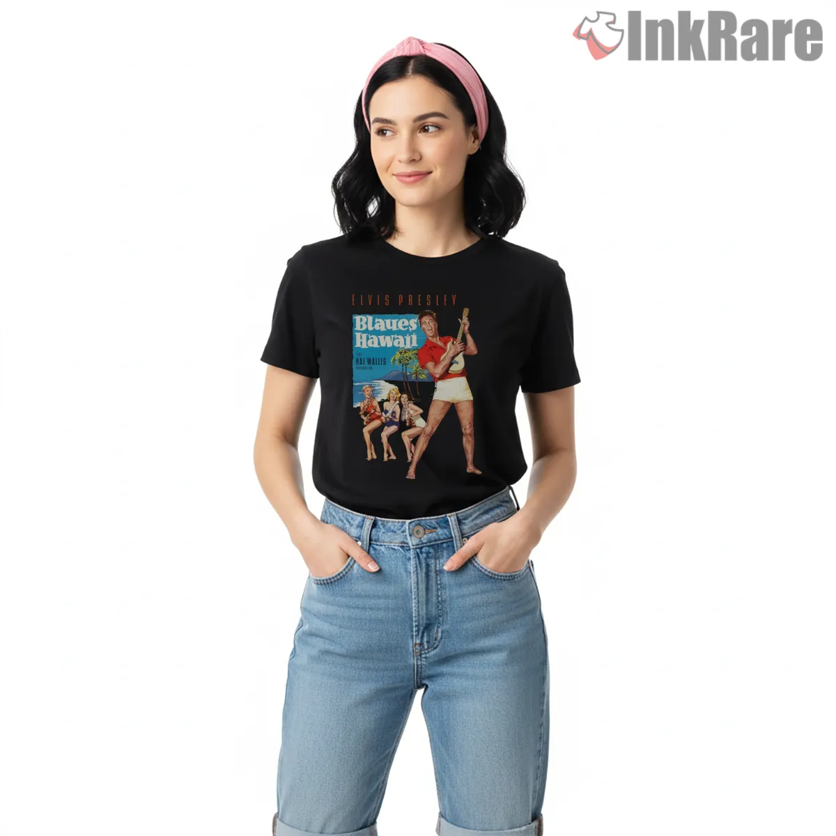 Elvis Presley Blues Hawaii Movie Poster Short Sleeve Black Elvis Presley Blues Hawaii Movie Poster Shirt on black short sleeve shirt for women graphic tee