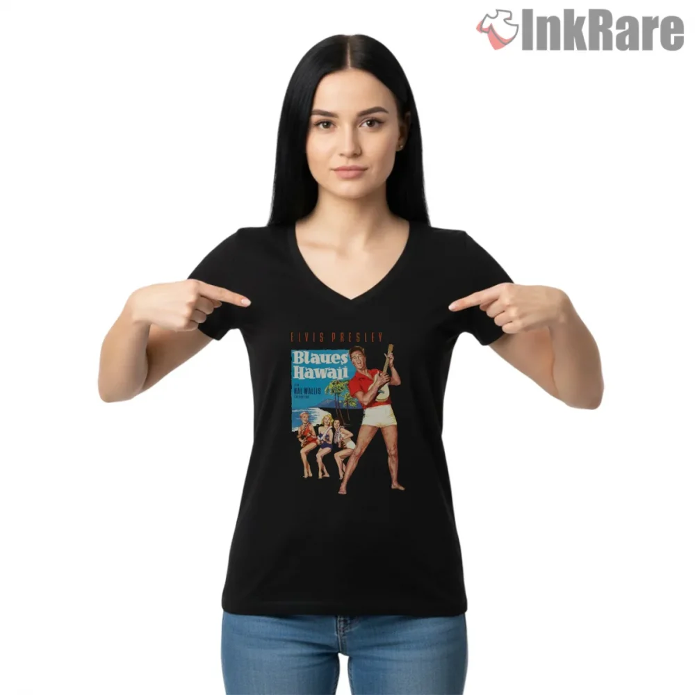 Elvis Presley Blues Hawaii Movie Poster Shirt on black v-neck shirt for women graphic tee