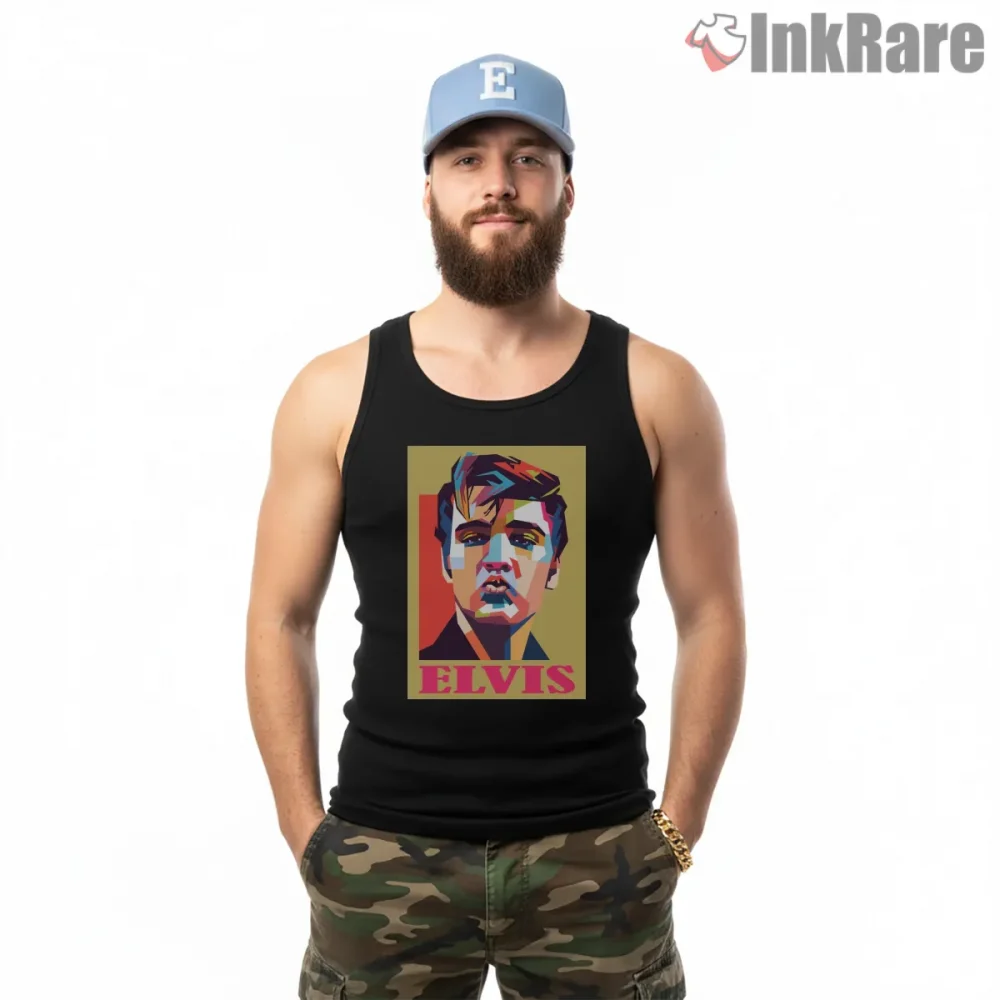 Elvis Presley Bold Color Block Portrait Shirt on black tank top for men graphic tee