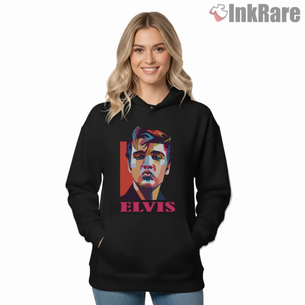 Elvis Presley Bold Color Pop Art Portrait Shirt on black hoodie for women graphic tee