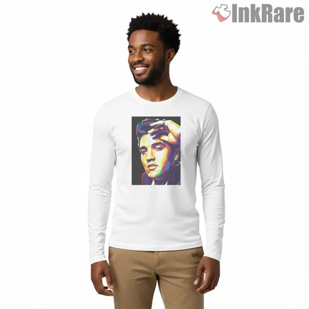 Elvis Presley Bold Pop Art Portrait Shirt on white long sleeve shirt for men graphic tee