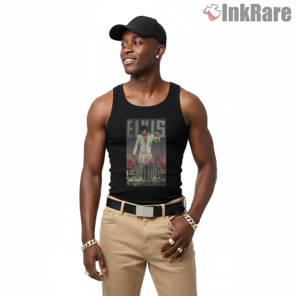 Elvis Presley City Skyline Stage Poster Shirt on black tank top for men graphic tee