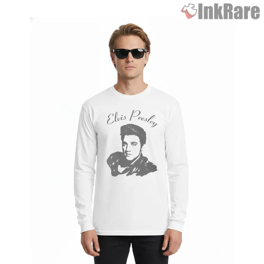 Elvis Presley Classic Band Portrait Shirt on white long sleeve shirt for men graphic tee