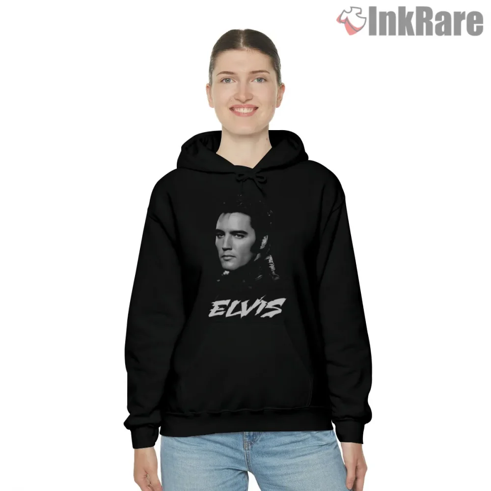Elvis Presley Classic Black And White Portrait Shirt on black hoodie for women graphic tee